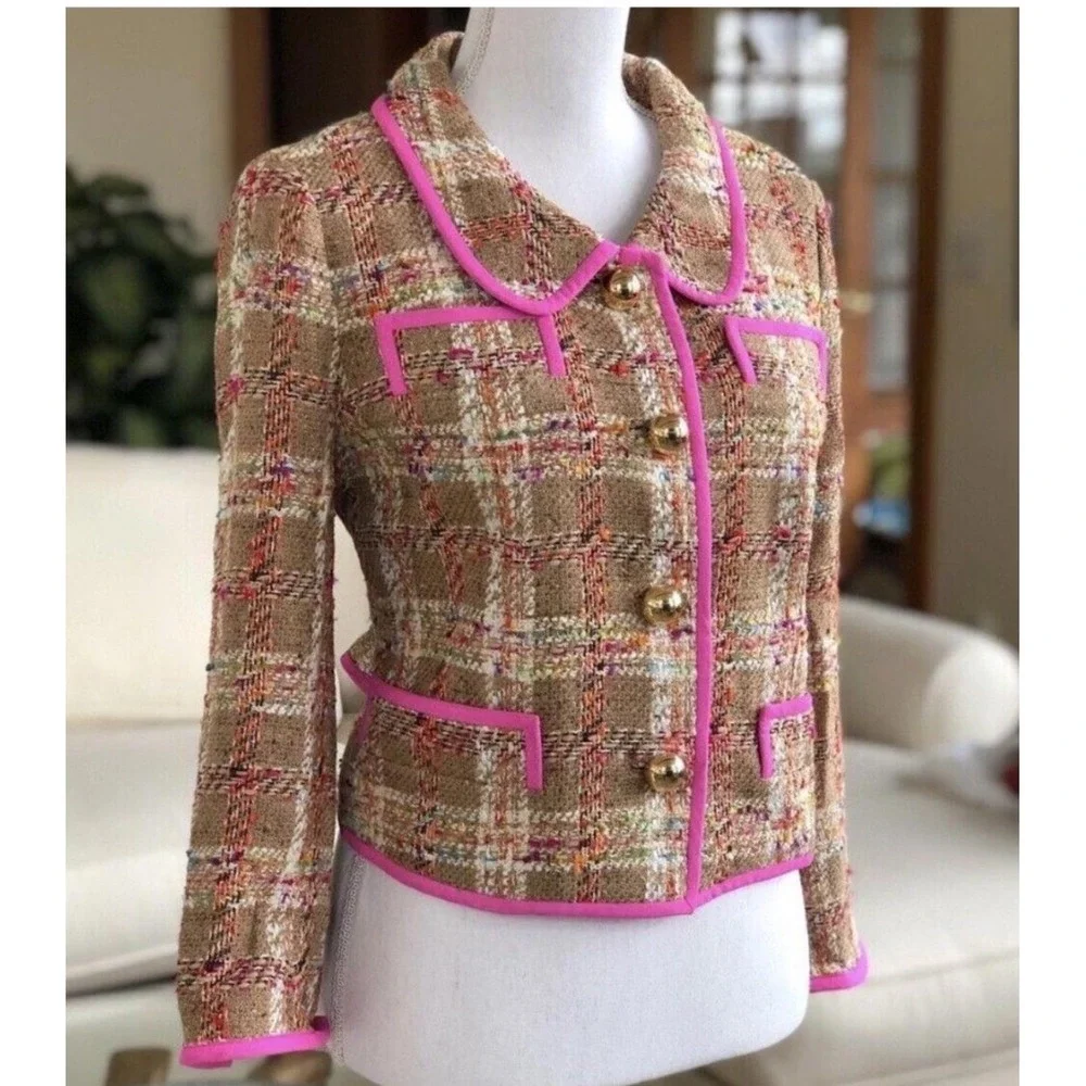 Kate Spade New York Brown Pink Plaid Tweed Silk Blend Cropped Jacket Size 4